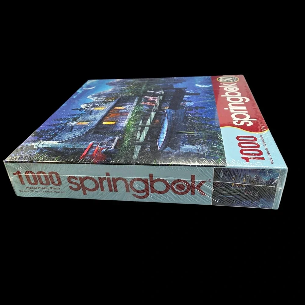 Springbok Moonlit Night 1000 Piece Puzzle 24 x 30 Dogs Cabin Lake Mountains New